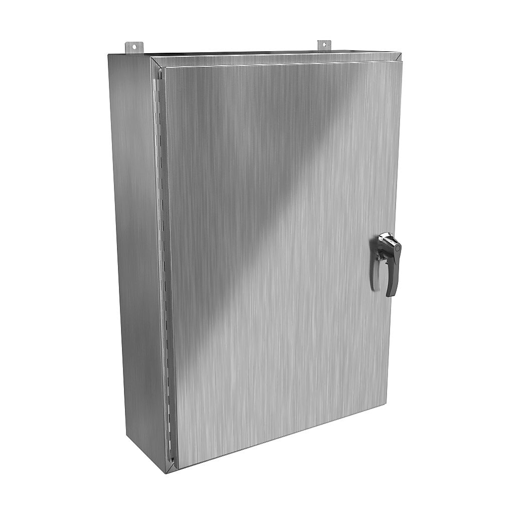 HW423010SSHK - Hammond enclosure, NEMA 3R/4/4X/12/13, 42 x 30 x 10in (HxWxD), wall mount, 304 stainless steel, #4 brush finish, single-door, 3-point 316 stainless steel padlocking handle, handle hasp.