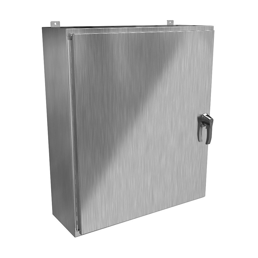 HW423612S16HK - Hammond enclosure, NEMA 3R/4/4X/12/13, 42 x 36 x 12in (HxWxD), wall mount, 316 stainless steel, #4 brush finish, single-door, 3-point 316 stainless steel padlocking handle, handle hasp.