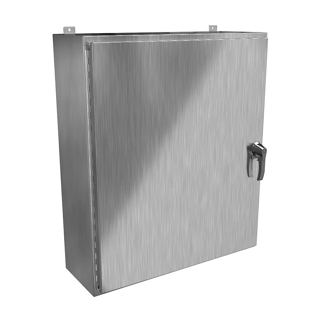 HW423612SSHK - Hammond enclosure, NEMA 3R/4/4X/12/13, 42 x 36 x 12in (HxWxD), wall mount, 304 stainless steel, #4 brush finish, single-door, 3-point 316 stainless steel padlocking handle, handle hasp.