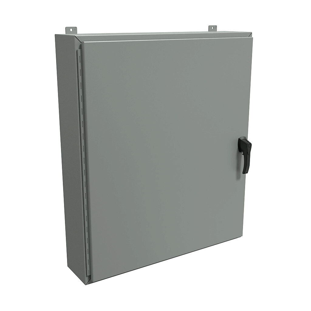 HW42368GYHK - Hammond enclosure, NEMA 3R/4/12, 42 x 36 x 8in (HxWxD), wall mount, carbon steel, ANSI 61 gray, powder coat finish, single-door, 3-point padlocking handle, handle hasp.