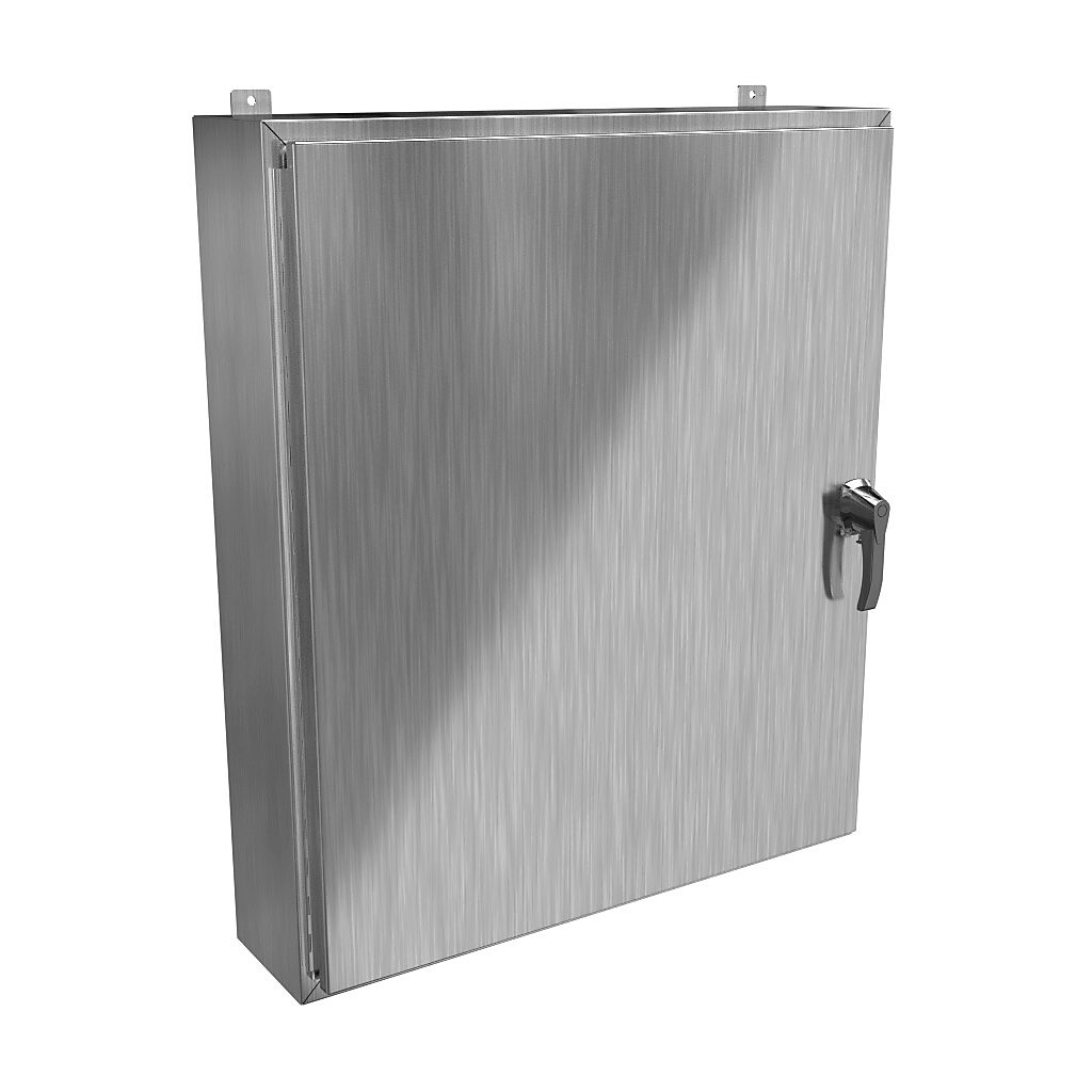 HW42368S16HK - Hammond enclosure, NEMA 3R/4/4X/12/13, 42 x 36 x 8in (HxWxD), wall mount, 316 stainless steel, #4 brush finish, single-door, 3-point 316 stainless steel padlocking handle, handle hasp.