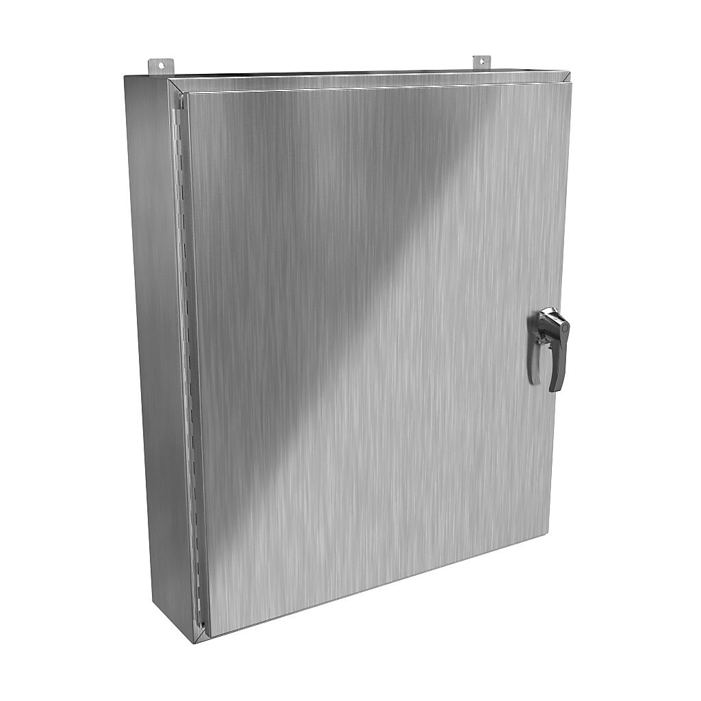 HW42368SSHK - Hammond enclosure, NEMA 3R/4/4X/12/13, 42 x 36 x 8in (HxWxD), wall mount, 304 stainless steel, #4 brush finish, single-door, 3-point 316 stainless steel padlocking handle, handle hasp.