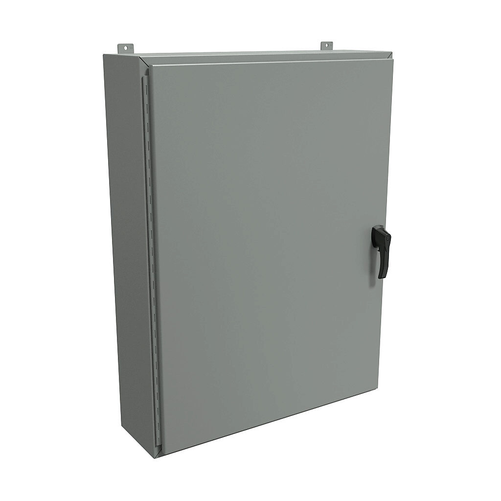 HW483610GYHK - Hammond enclosure, NEMA 3R/4/12, 48 x 36 x 10in (HxWxD), wall mount, carbon steel, ANSI 61 gray, powder coat finish, single-door, 3-point padlocking handle, handle hasp.