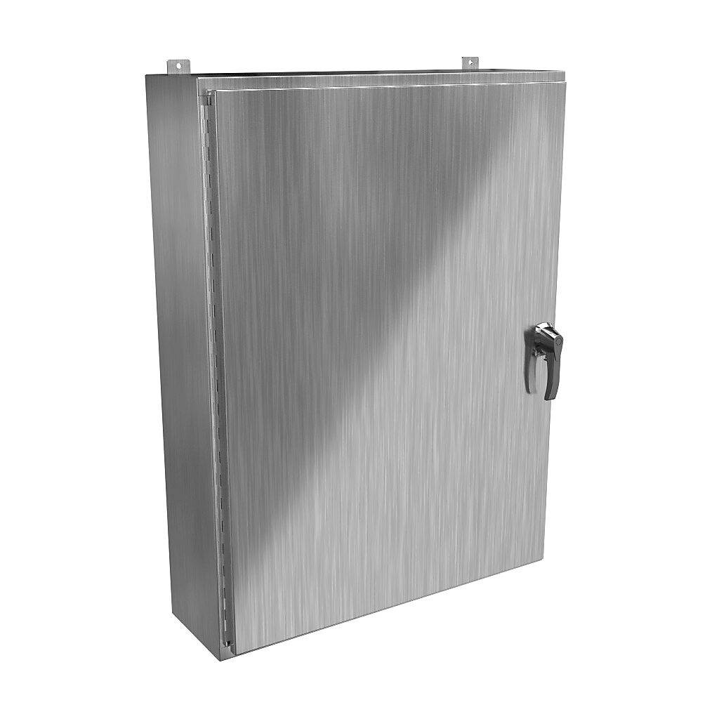 HW483610SSHK - Hammond enclosure, NEMA 3R/4/4X/12/13, 48 x 36 x 10in (HxWxD), wall mount, 304 stainless steel, #4 brush finish, single-door, 3-point 316 stainless steel padlocking handle, handle hasp.