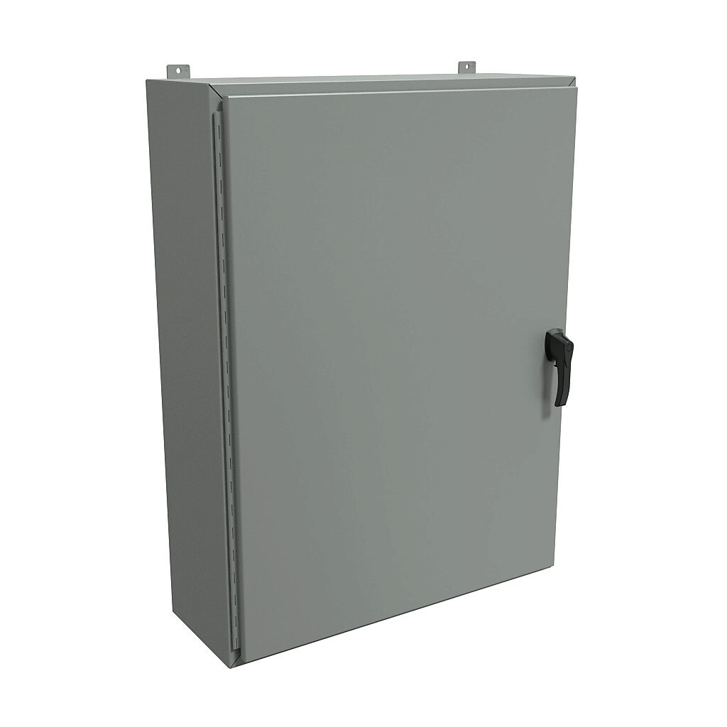 HW483612GYHK - Hammond enclosure, NEMA 3R/4/12, 48 x 36 x 12in (HxWxD), wall mount, carbon steel, ANSI 61 gray, powder coat finish, single-door, 3-point padlocking handle, handle hasp.