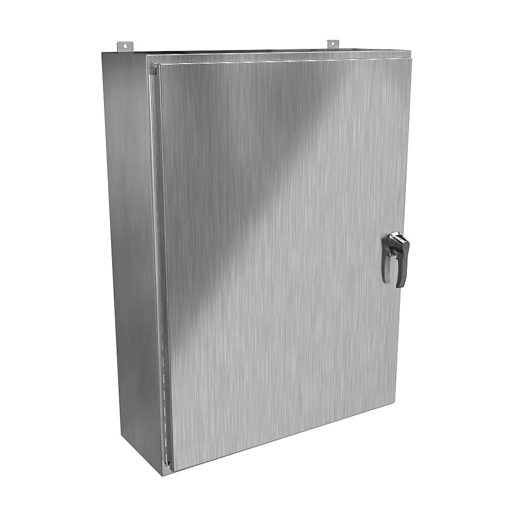HW483612S16HK - Hammond enclosure, NEMA 3R/4/4X/12/13, 48 x 36 x 12in (HxWxD), wall mount, 316 stainless steel, #4 brush finish, single-door, 3-point 316 stainless steel padlocking handle, handle hasp.