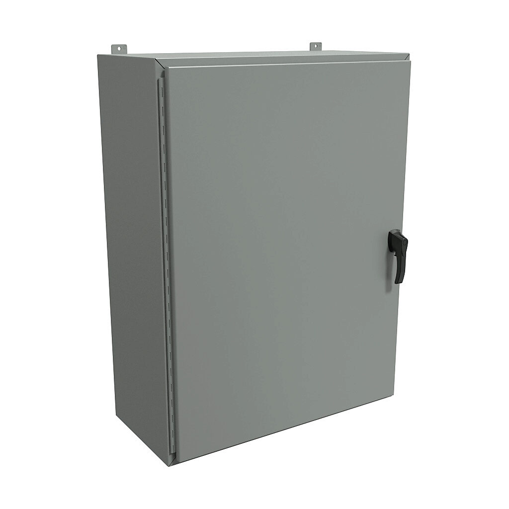 HW483616GYHK - Hammond enclosure, NEMA 3R/4/12, 48 x 36 x 16in (HxWxD), wall mount, carbon steel, ANSI 61 gray, powder coat finish, single-door, 3-point padlocking handle, handle hasp.