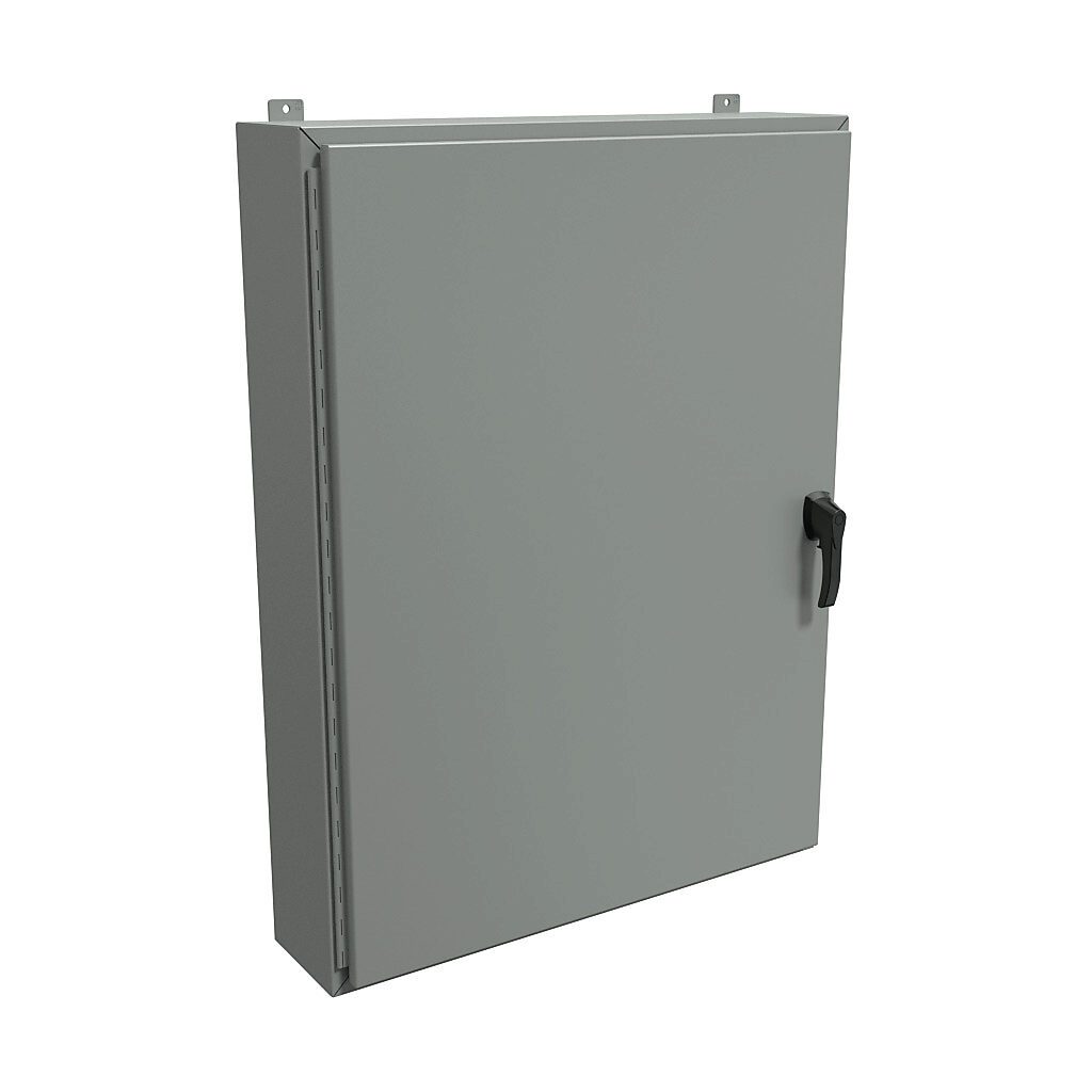 HW48368GYHK - Hammond enclosure, NEMA 3R/4/12, 48 x 36 x 8in (HxWxD), wall mount, carbon steel, ANSI 61 gray, powder coat finish, single-door, 3-point padlocking handle, handle hasp.