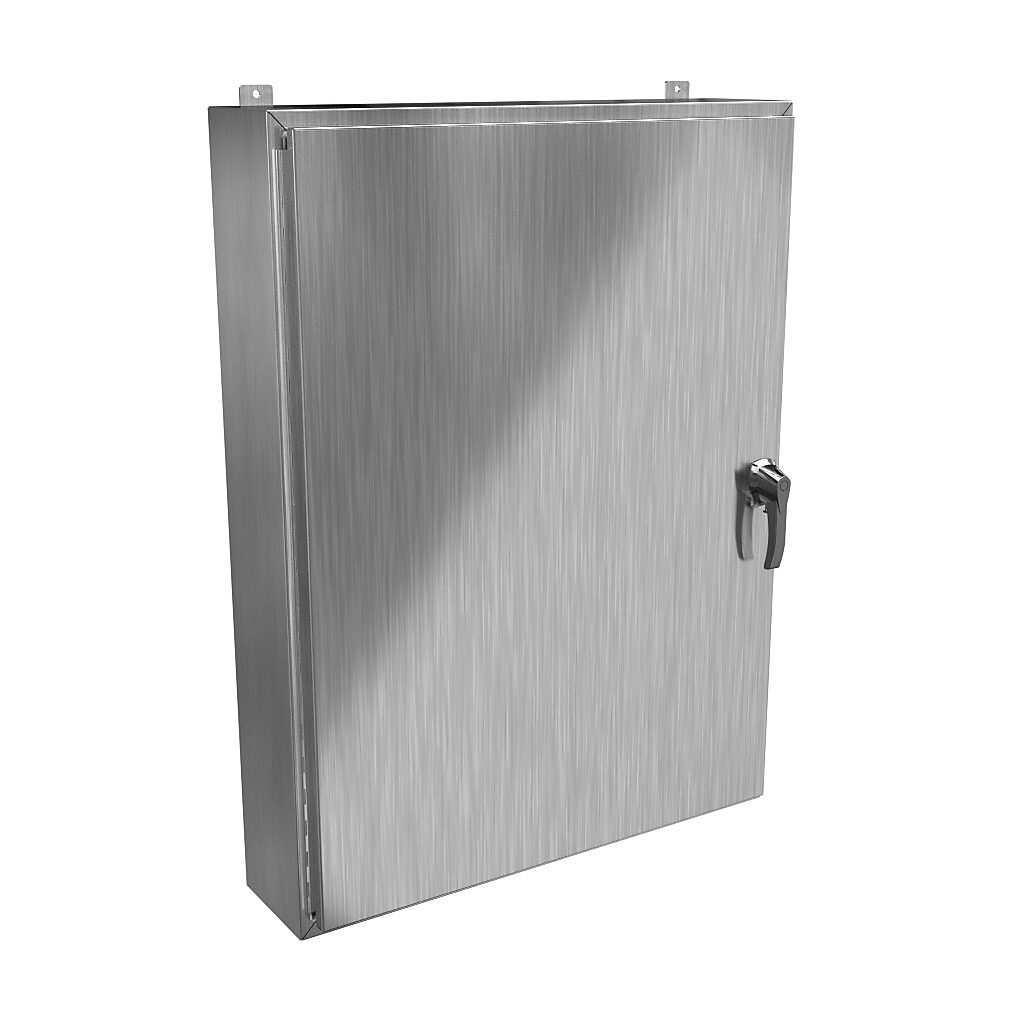 HW48368S16HK - Hammond enclosure, NEMA 3R/4/4X/12/13, 48 x 36 x 8in (HxWxD), wall mount, 316 stainless steel, #4 brush finish, single-door, 3-point 316 stainless steel padlocking handle, handle hasp.