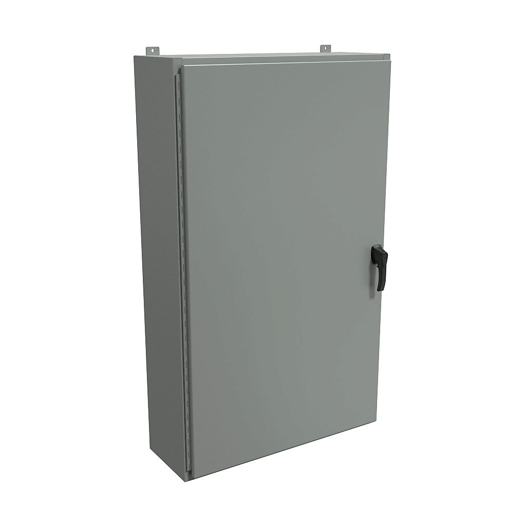HW603612GYHK - Hammond enclosure, NEMA 3R/4/12, 60 x 36 x 12in (HxWxD), wall mount, carbon steel, ANSI 61 gray, powder coat finish, single-door, 3-point padlocking handle, handle hasp.