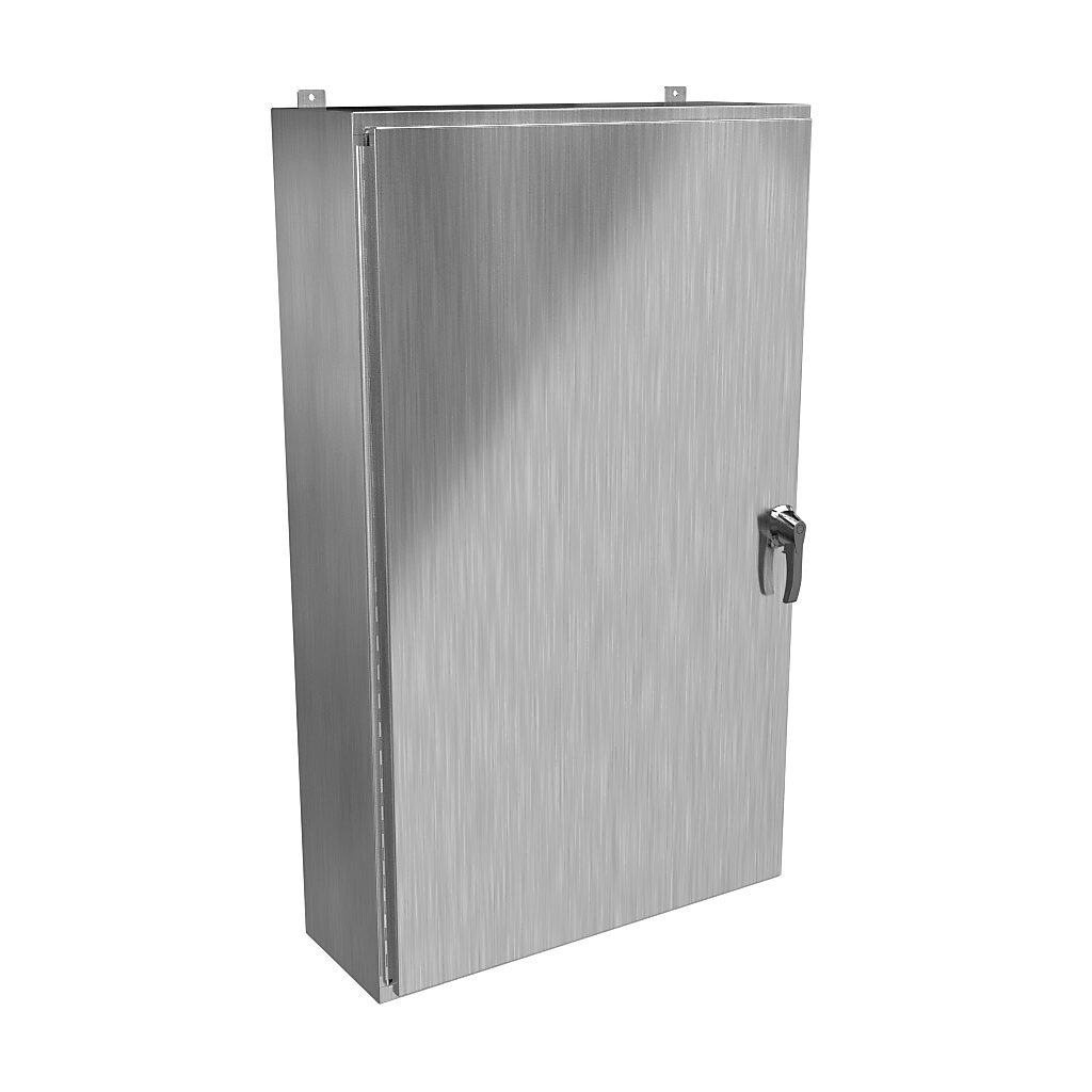 HW603612S16HK - Hammond enclosure, NEMA 3R/4/4X/12/13, 60 x 36 x 12in (HxWxD), wall mount, 316 stainless steel, #4 brush finish, single-door, 3-point 316 stainless steel padlocking handle, handle hasp.
