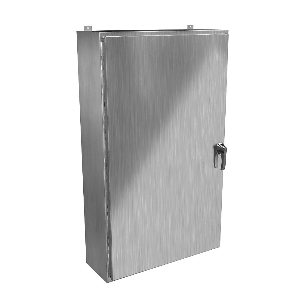 HW603612SSHK - Hammond enclosure, NEMA 3R/4/4X/12/13, 60 x 36 x 12in (HxWxD), wall mount, 304 stainless steel, #4 brush finish, single-door, 3-point 316 stainless steel padlocking handle, handle hasp.