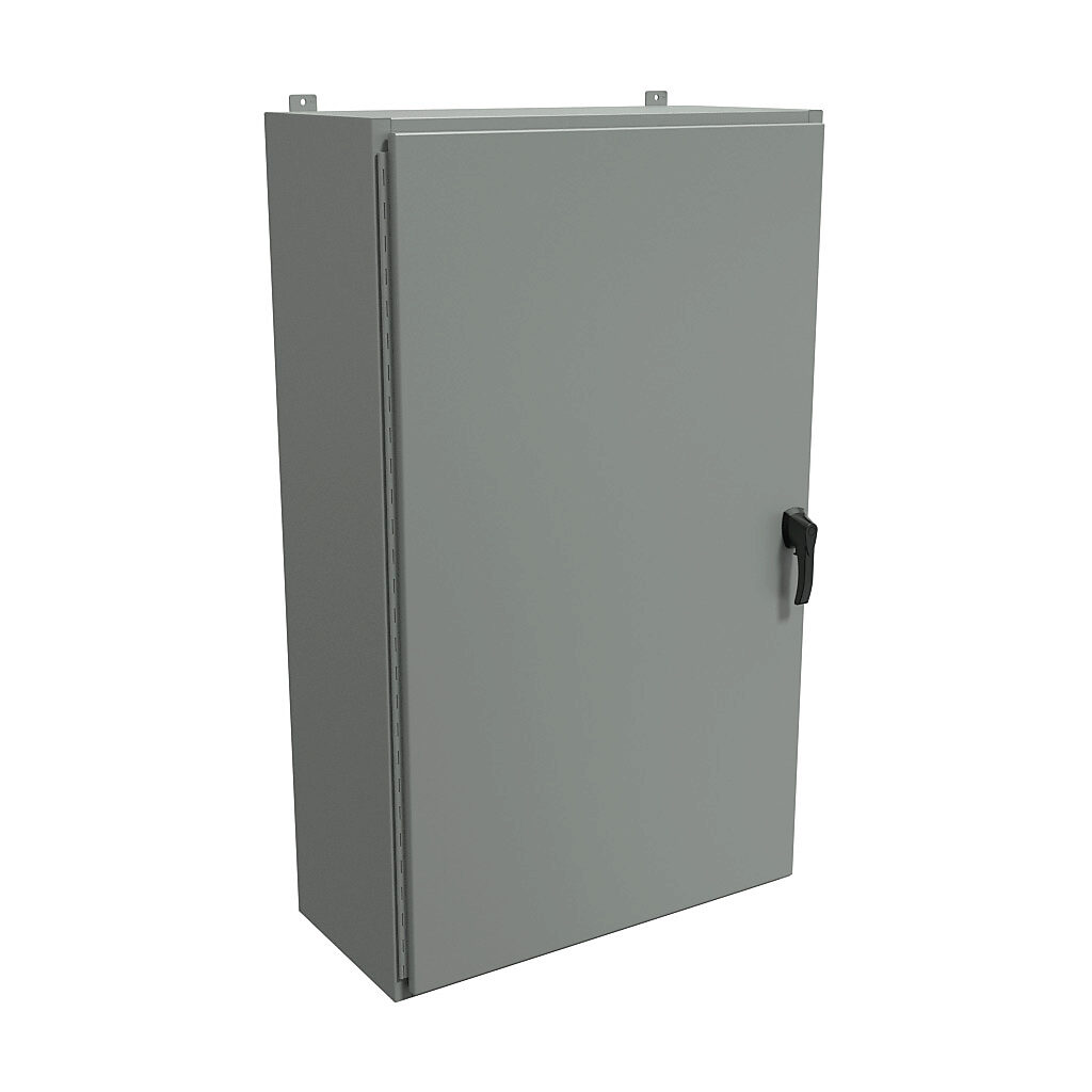 HW603616GYHK - Hammond enclosure, NEMA 3R/4/12, 60 x 36 x 16in (HxWxD), wall mount, carbon steel, ANSI 61 gray, powder coat finish, single-door, 3-point padlocking handle, handle hasp.