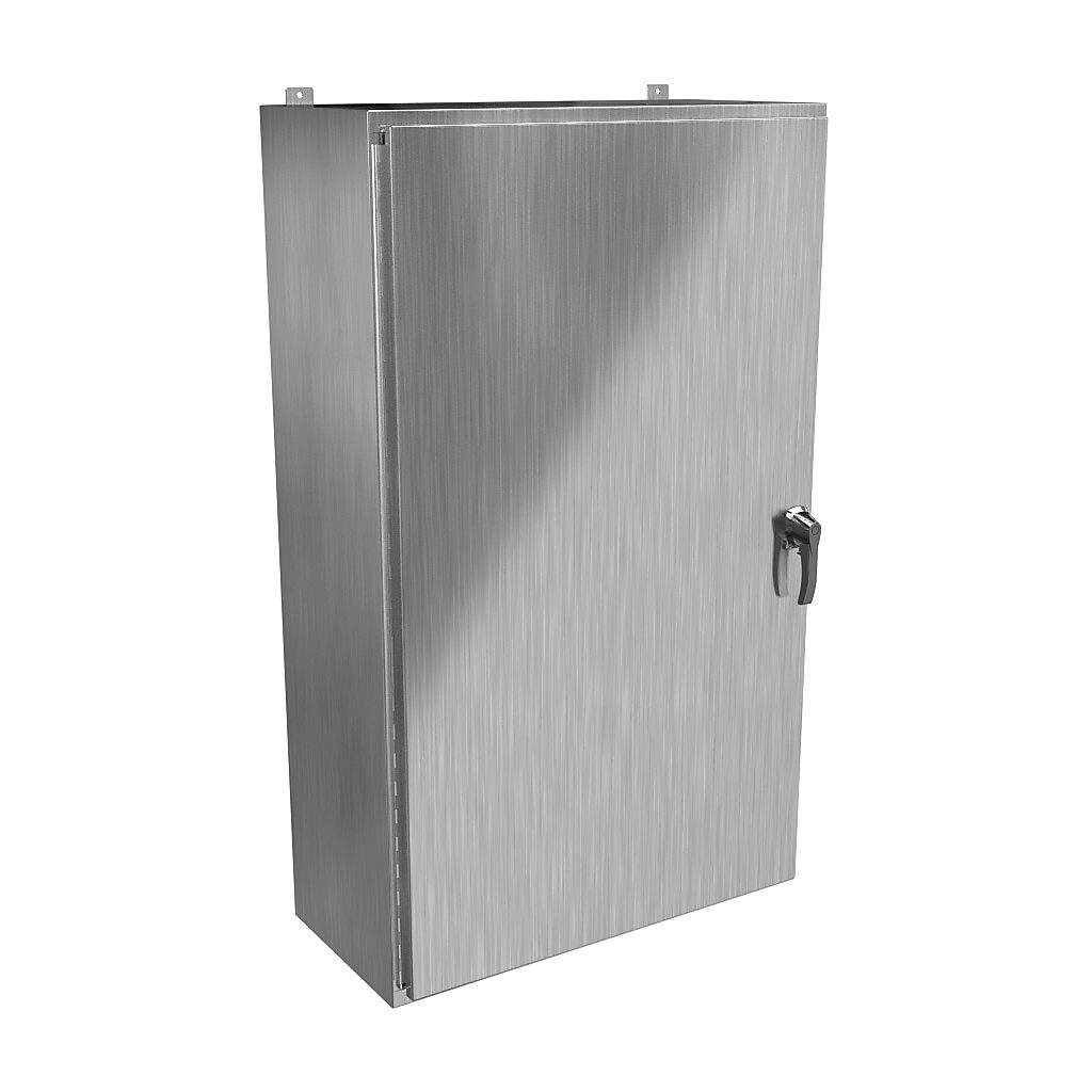 HW603616S16HK - Hammond enclosure, NEMA 3R/4/4X/12/13, 60 x 36 x 16in (HxWxD), wall mount, 316 stainless steel, #4 brush finish, single-door, 3-point 316 stainless steel padlocking handle, handle hasp.