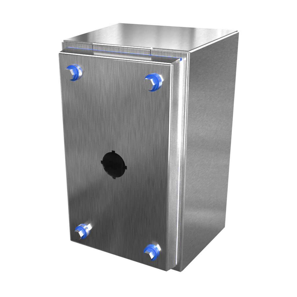 HYMPB1SS - Hammond sanitary pushbutton enclosure, 1 hole, 22mm, slope top, NEMA 3R/4/4X/12, 8 x 5 x 4in (HxWxD), wall mount, 304 stainless steel, #4 brush finish, screw cover.