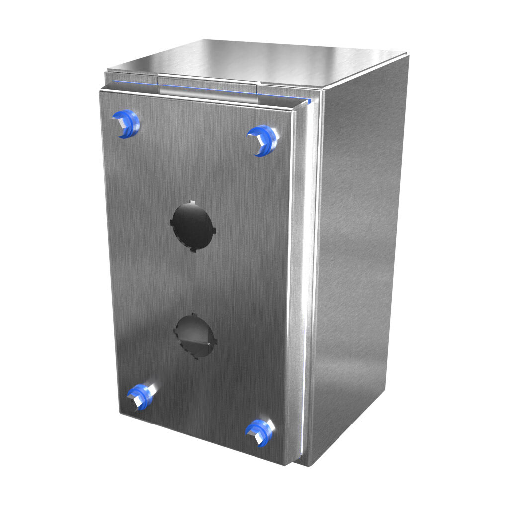 HYMPB2SS - Hammond sanitary pushbutton enclosure, 2 holes, 22mm, slope top, NEMA 3R/4/4X/12, 8 x 5 x 4in (HxWxD), wall mount, 304 stainless steel, #4 brush finish, screw cover.