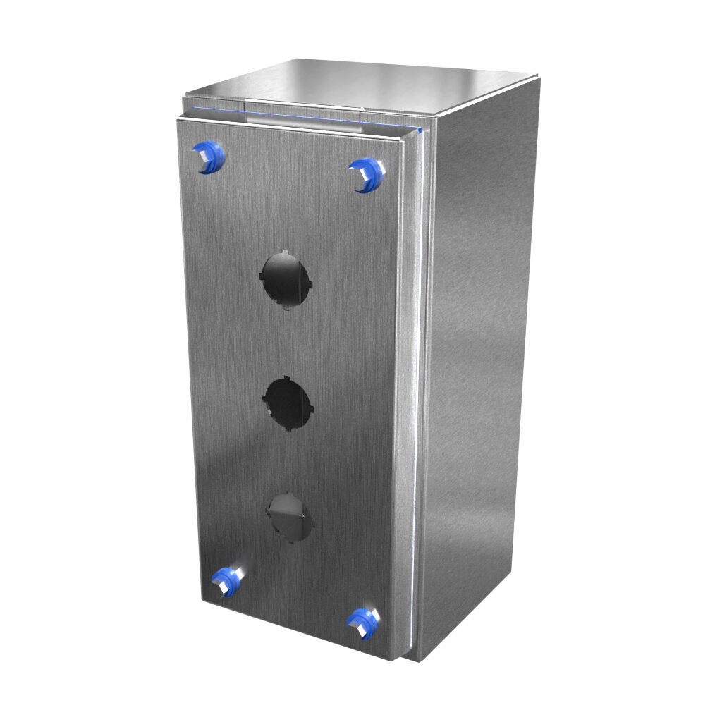 HYMPB3SS - Hammond sanitary pushbutton enclosure, 3 holes, 22mm, slope top, NEMA 3R/4/4X/12, 10 x 5 x 4in (HxWxD), wall mount, 304 stainless steel, #4 brush finish, screw cover.