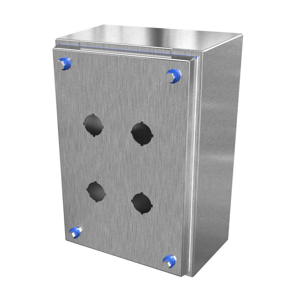 HYMPB4SS - Hammond sanitary pushbutton enclosure, 4 holes, 22mm, slope top, NEMA 3R/4/4X/12, 10 x 7 x 4in (HxWxD), wall mount, 304 stainless steel, #4 brush finish, screw cover.