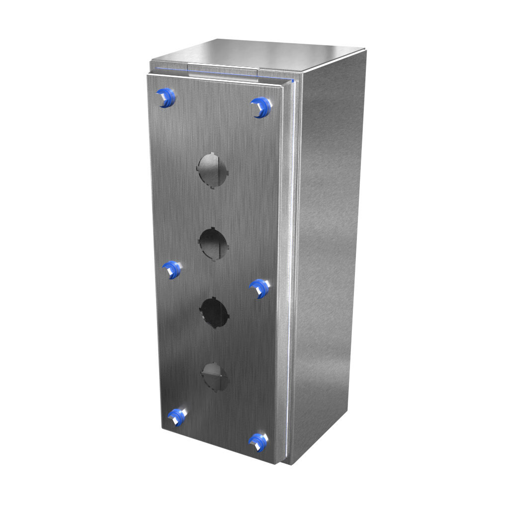 HYMPB4VSS - Hammond sanitary pushbutton enclosure, 4 holes, 22mm, slope top, NEMA 3R/4/4X/12, 12 x 5 x 4in (HxWxD), wall mount, 304 stainless steel, #4 brush finish, screw cover.