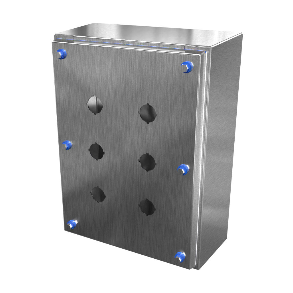 HYMPB6SS - Hammond sanitary pushbutton enclosure, 6 holes, 22mm, slope top, NEMA 3R/4/4X/12, 12 x 9 x 4in (HxWxD), wall mount, 304 stainless steel, #4 brush finish, screw cover.