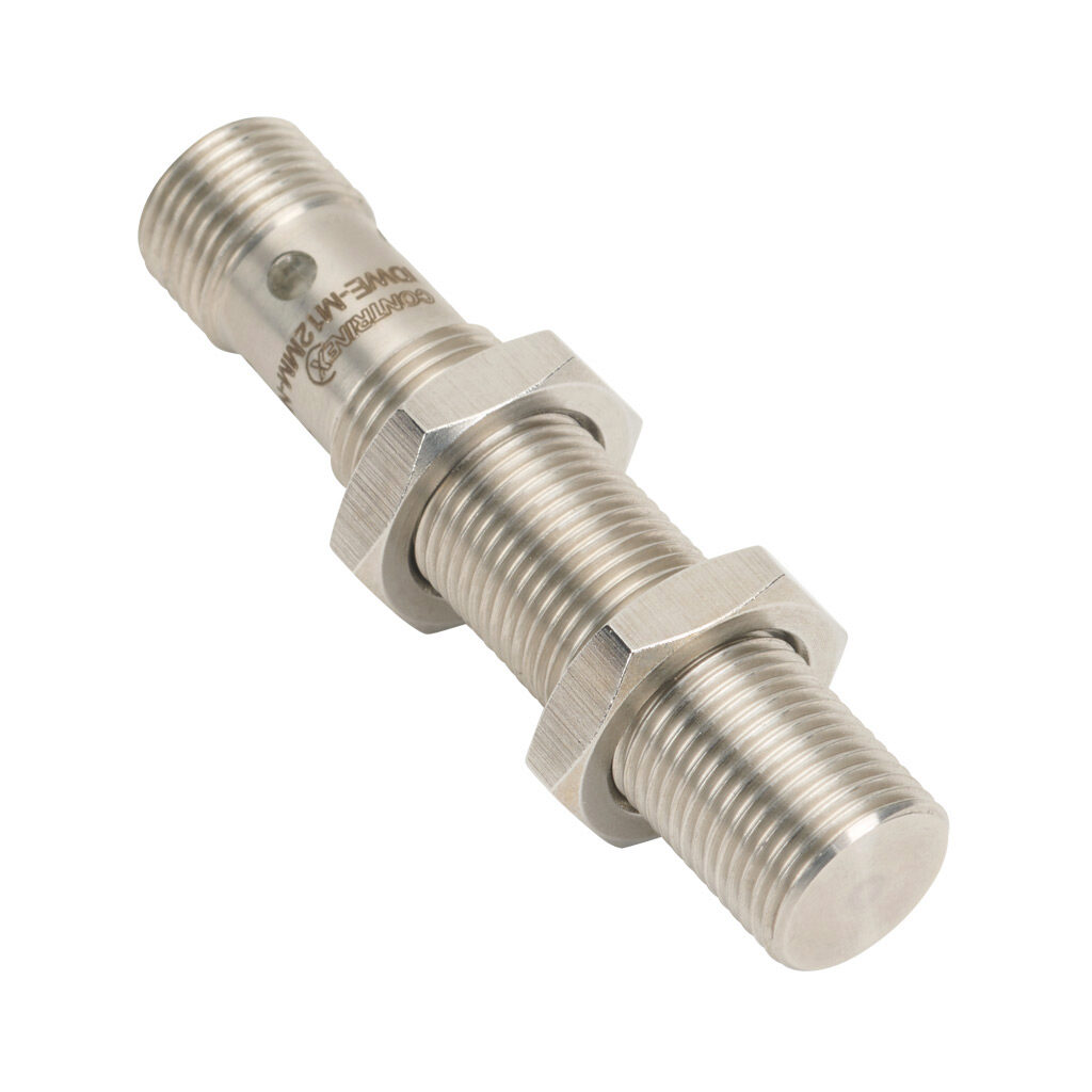 IDWE-M12MM-NMS-A0 - Contrinex inductive proximity sensor, tubular, 12mm diameter x 60mm body, 304 stainless steel housing, PNP, N.O. output, 6mm sensing distance, flush, 140 Hz switching frequency, IP68 IP69K, 4-pin M12 quick-disconnect.