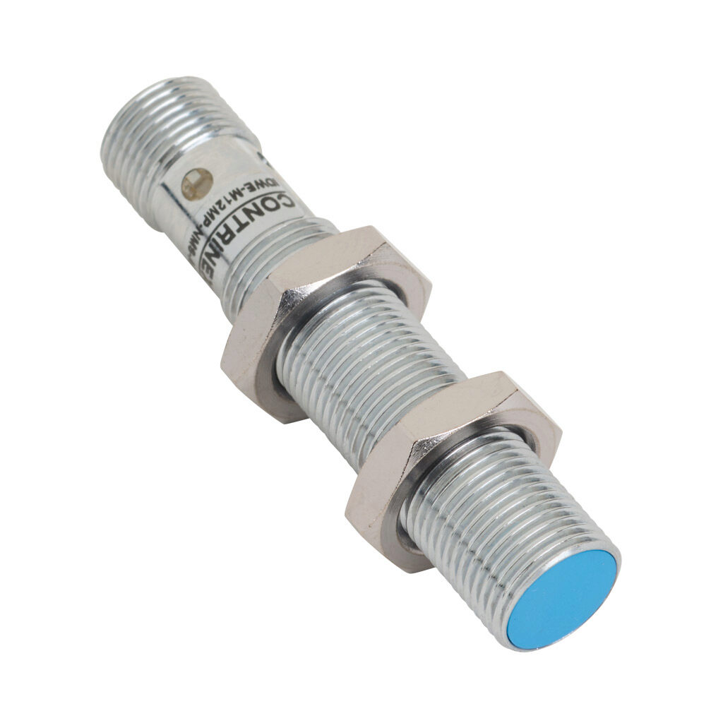 IDWE-M12MP-NMS-A0 - Contrinex inductive proximity sensor, tubular, 12mm diameter x 60mm body, chrome-plated brass housing, PNP, N.O. output, 6mm sensing distance, semi-flush, 125 Hz switching frequency, IP67, 4-pin M12 quick-disconnect.