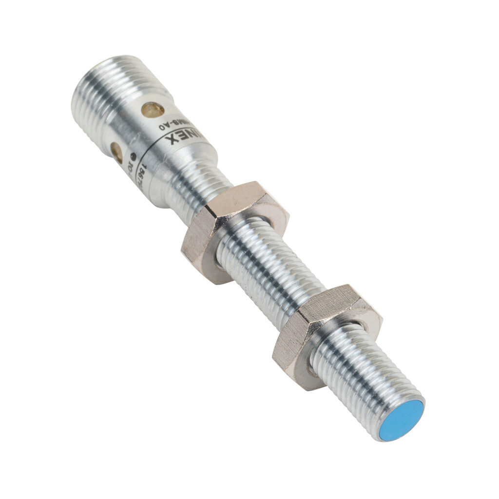 IDWE-M8MP-NMS-A0 - Contrinex inductive proximity sensor, tubular, 8mm diameter x 66mm body, chrome-plated nickel silver housing, PNP, N.O. output, 4mm sensing distance, flush, 125 Hz switching frequency, IP67, 4-pin M12 quick-disconnect.