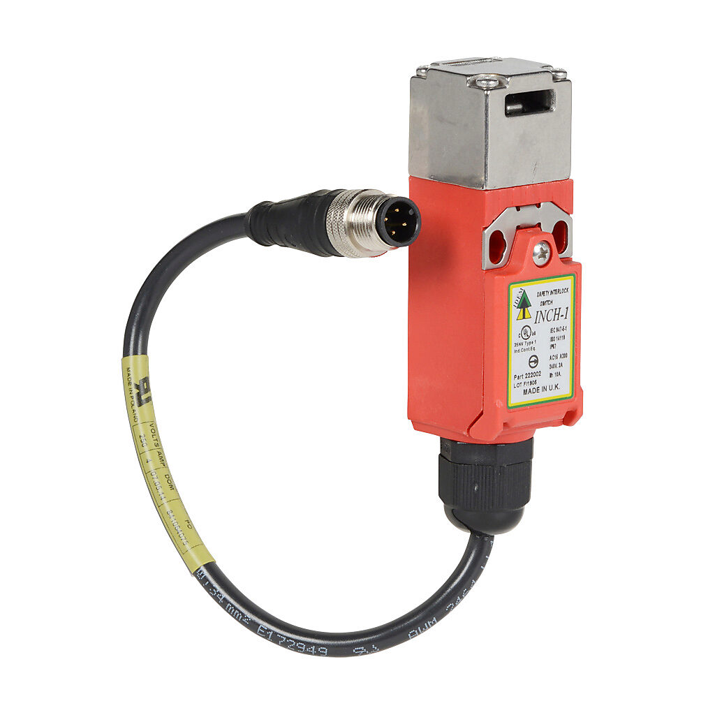 INCH-1-222002 - IDEM safety switch, tongue (key) interlock, slow action, (2) N.C. safety output(s), plastic body, 316 stainless steel head, (1) 4-pin M12 quick-disconnect.