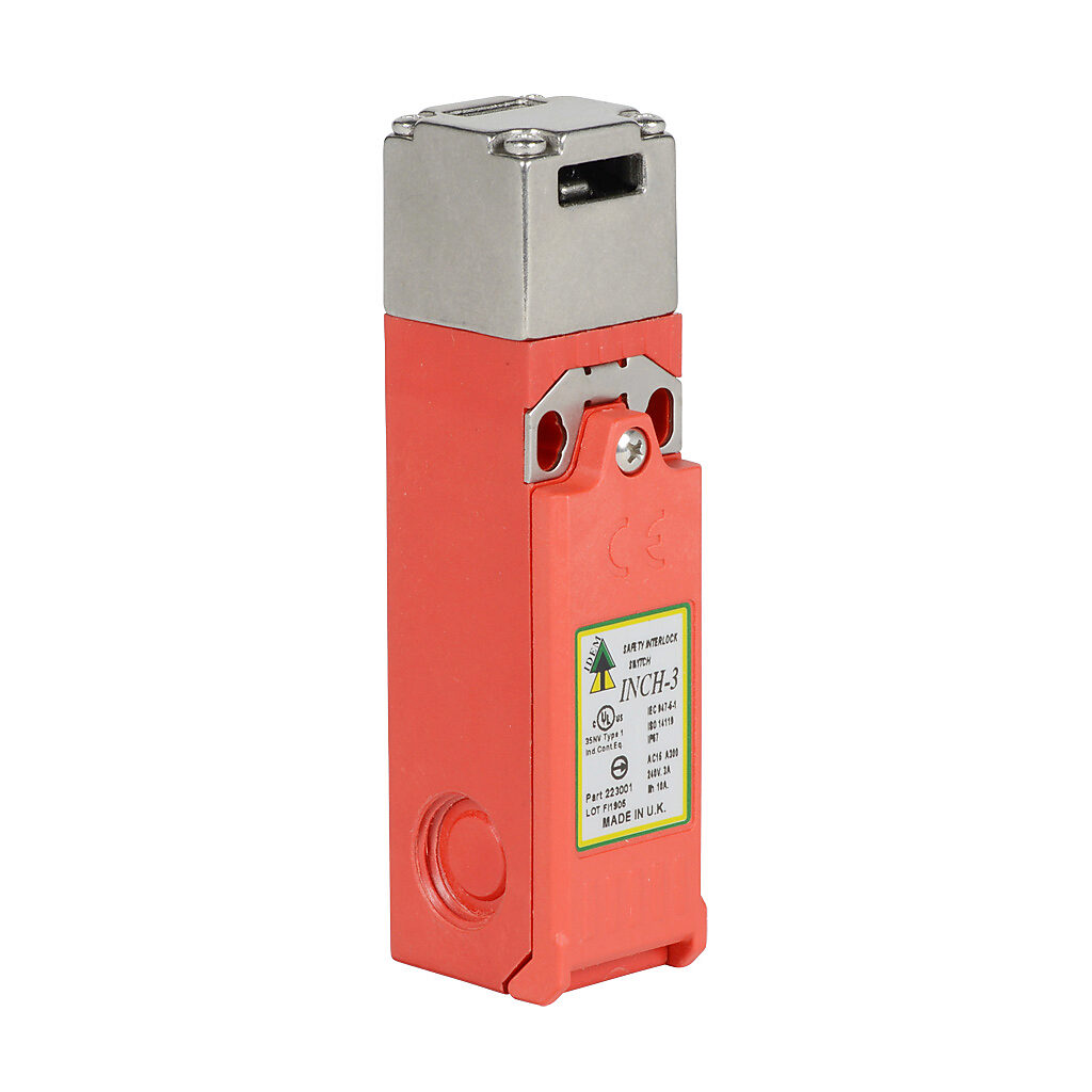 INCH-3-223001 - IDEM safety switch, tongue (key) interlock, slow action break before make, (2) N.C. safety output(s), plastic body, 316 stainless steel head, (3) M16 cable entry.