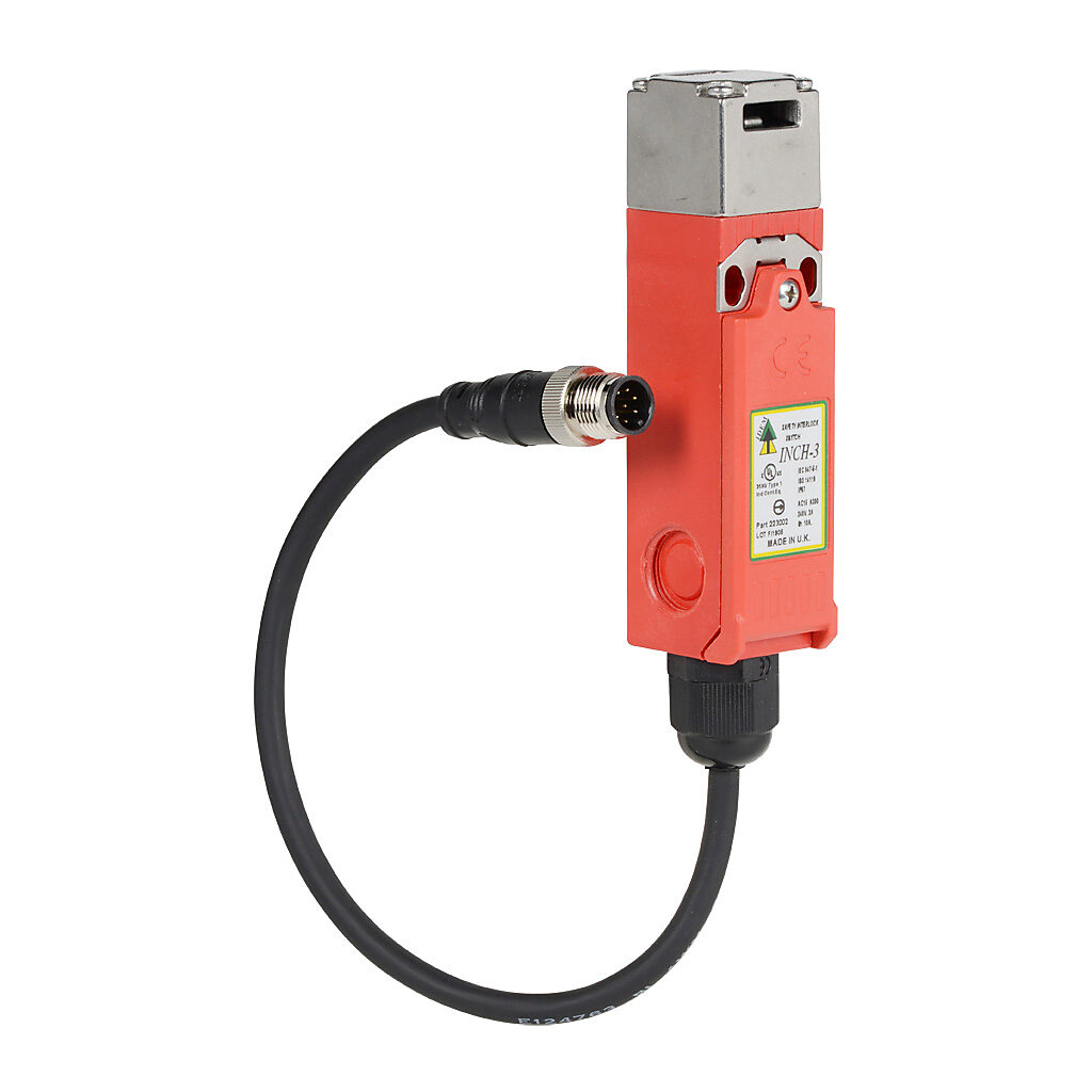 INCH-3-223002 - IDEM safety switch, tongue (key) interlock, slow action break before make, (2) N.C. safety output(s), plastic body, 316 stainless steel head, (1) 8-pin M12 quick-disconnect.