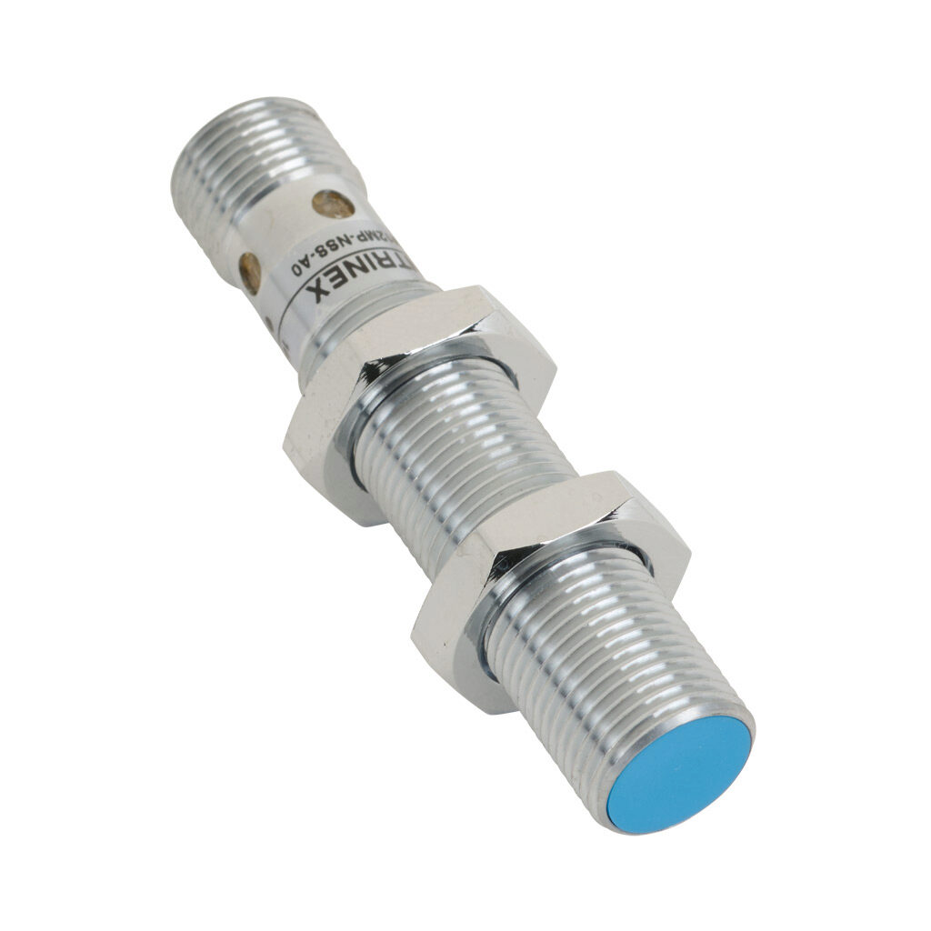 ISWE-M12MP-NSS-A0 - Contrinex inductive proximity sensor, tubular, 12mm diameter x 60mm body, chrome-plated brass housing, PNP, N.O. output, 4mm sensing distance, flush, 500 Hz switching frequency, IP67, 4-pin M12 quick-disconnect.