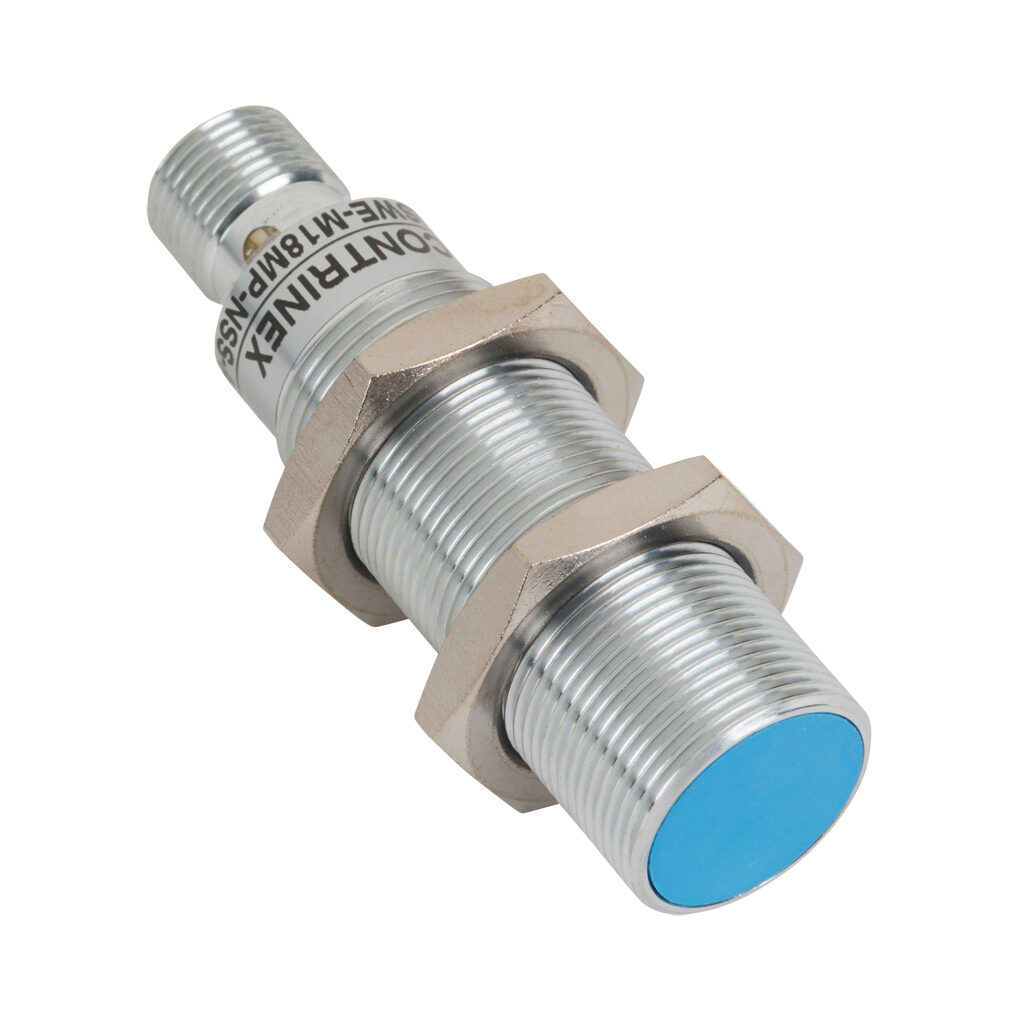 ISWE-M18MP-NSS-A0 - Contrinex inductive proximity sensor, tubular, 18mm diameter x 63.5mm body, chrome-plated brass housing, PNP, N.O. output, 8mm sensing distance, semi-flush, 500 Hz switching frequency, IP67, 4-pin M12 quick-disconnect.