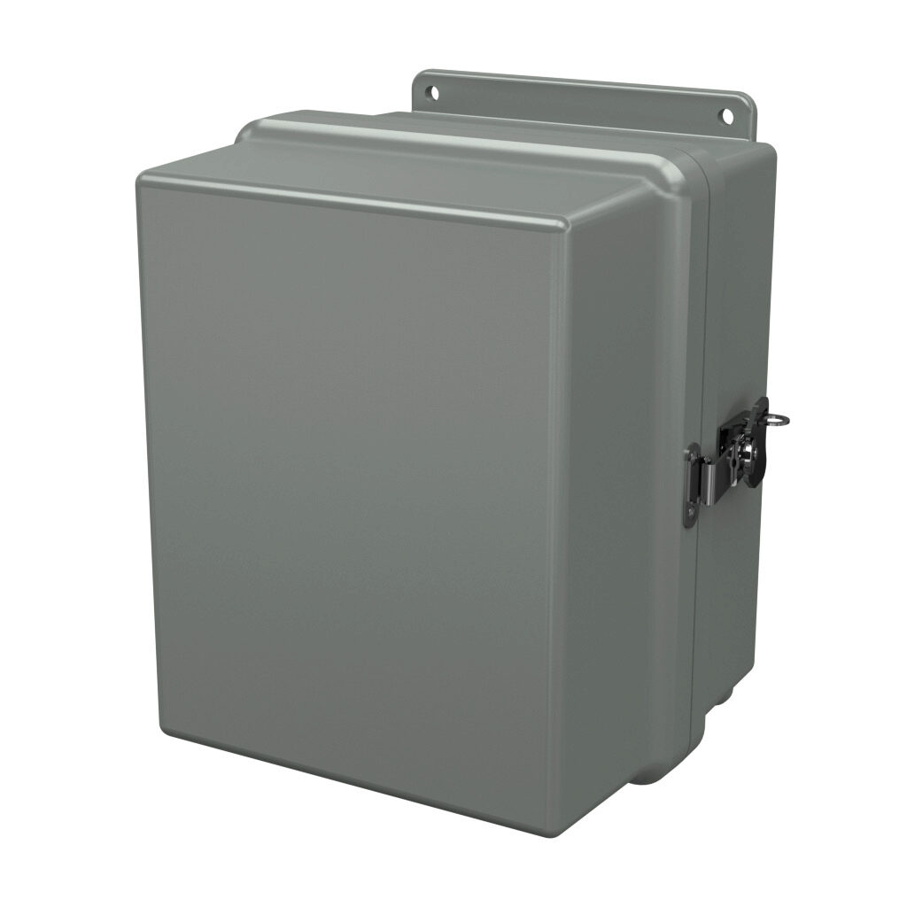 J10088SSH - Stahlin FatBoy series enclosure, NEMA 1/3/4X/12, 10 x 8 x 8in (HxWxD), wall mount, fiberglass reinforced polyester, gray, clamshell single-door, twist-lock latch, padlock hasp and staple, integral mounting flange.