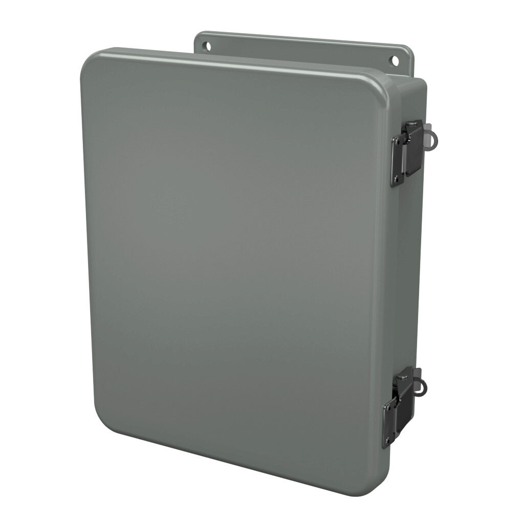 J1008HPL - Stahlin J series enclosure, NEMA 1/3R/4X/6P/12, 10 x 8 x 4in (HxWxD), wall mount, fiberglass reinforced polyester, gray, single-door, quick-release latch, padlock hasp and staple, integral mounting flange.