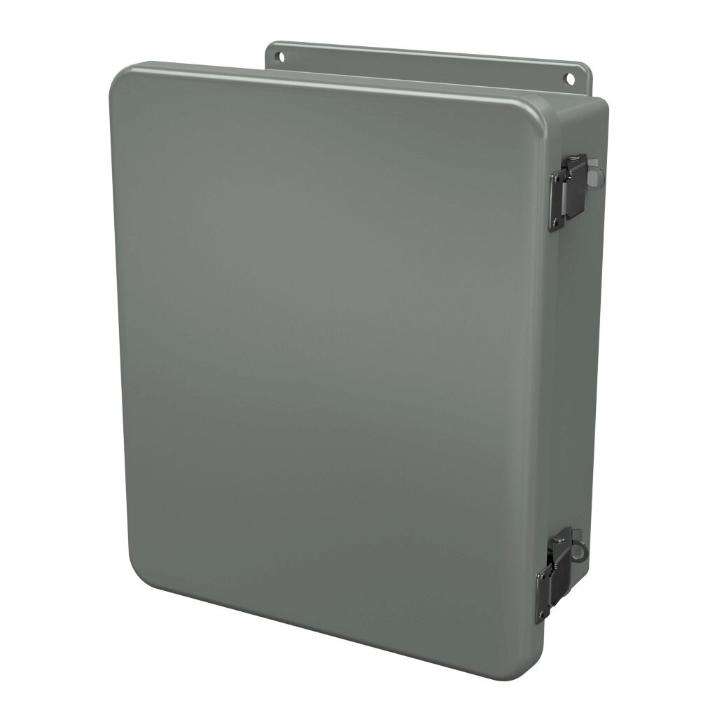 J1210HPL - Stahlin J series enclosure, NEMA 1/3R/4X/6P/12, 12 x 10 x 5in (HxWxD), wall mount, fiberglass reinforced polyester, gray, single-door, quick-release latch, padlock hasp and staple, integral mounting flange.