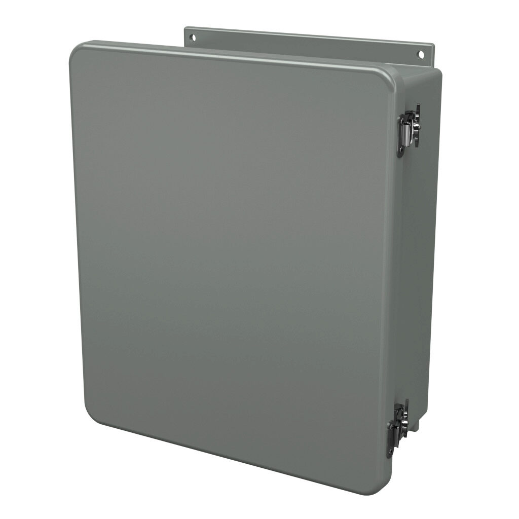 J1412HLL - Stahlin J series enclosure, NEMA 1/3R/4X/6P/12, 14 x 12 x 6in (HxWxD), wall mount, fiberglass reinforced polyester, gray, single-door, twist-lock latch, integral mounting flange.