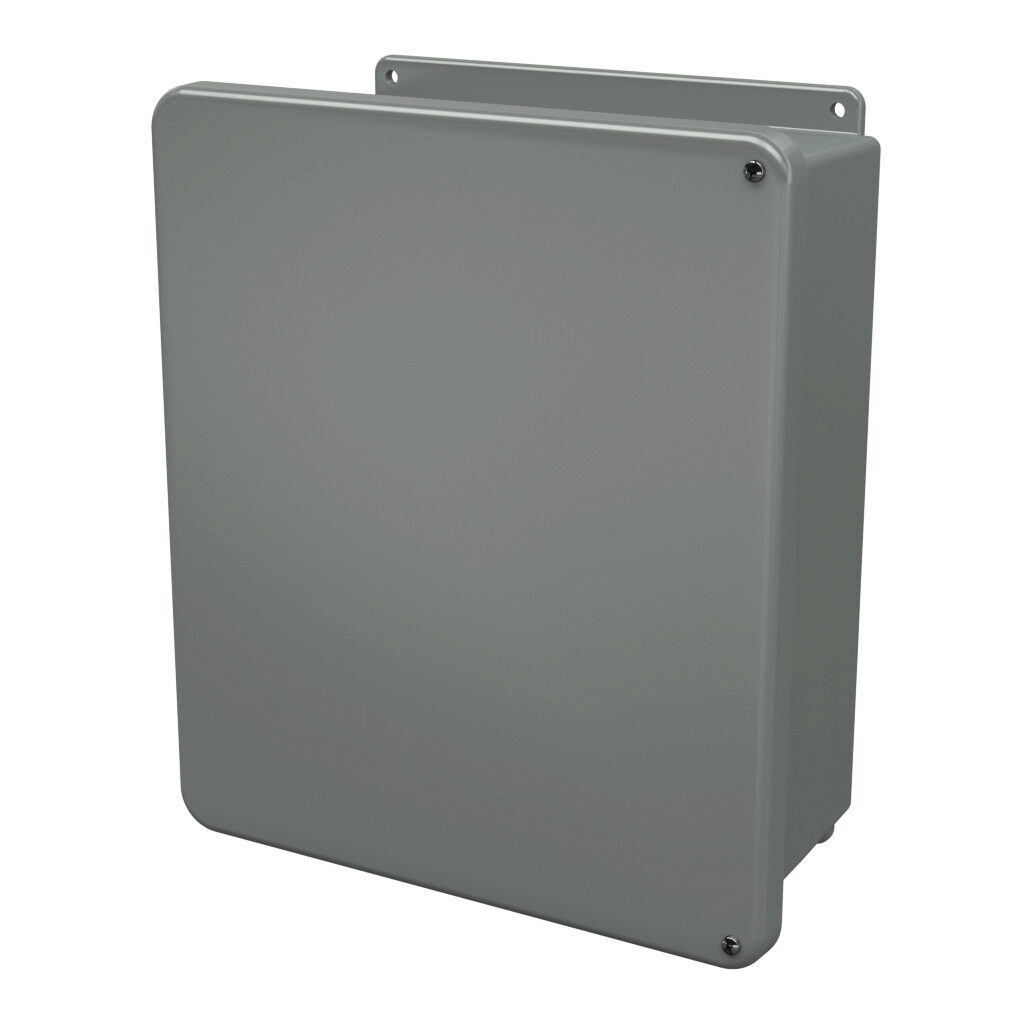 J1412HW - Stahlin J series enclosure, NEMA 1/3R/4X/6P/12, 14 x 12 x 6in (HxWxD), wall mount, fiberglass reinforced polyester, gray, hinged screw cover, integral mounting flange.