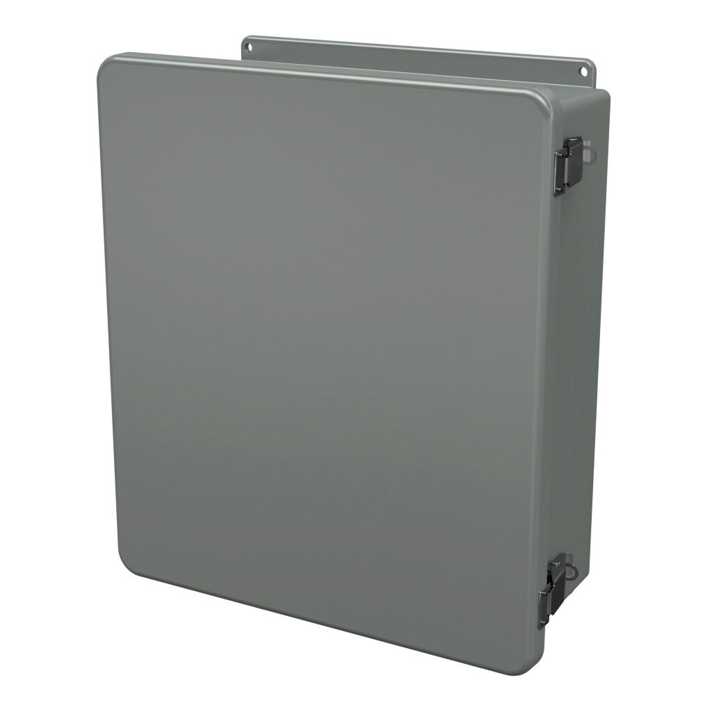 J1614HPL - Stahlin J series enclosure, NEMA 1/3R/4X/6P/12, 16 x 14 x 6in (HxWxD), wall mount, fiberglass reinforced polyester, gray, single-door, quick-release latch, padlock hasp and staple, integral mounting flange.
