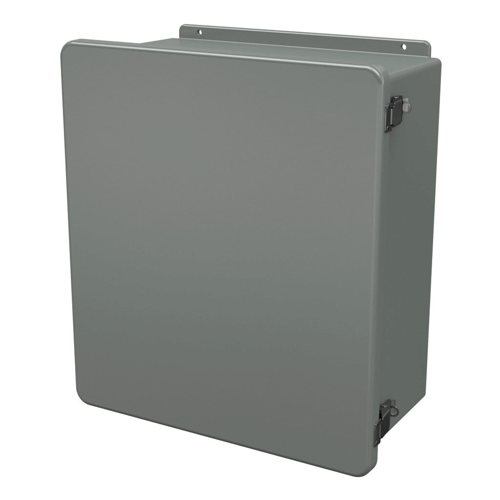 J1816HPL - Stahlin J series enclosure, NEMA 1/3R/4X/6P/12, 18 x 16 x 8in (HxWxD), wall mount, fiberglass reinforced polyester, gray, single-door, quick-release latch, padlock hasp and staple, integral mounting flange.