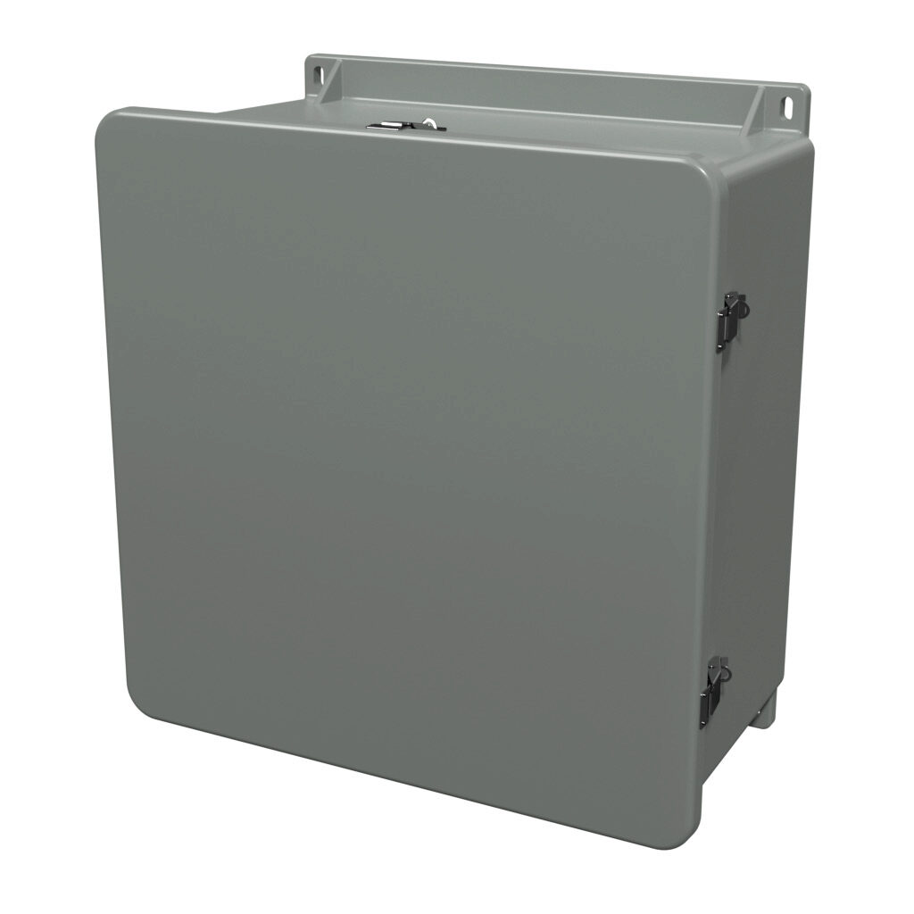 J2020HPL - Stahlin J series enclosure, NEMA 1/3/3R/4/4X/12/13, 20 x 20 x 10in (HxWxD), wall mount, fiberglass reinforced polyester, gray, single-door, quick-release latch, padlock hasp and staple, integral mounting flange.