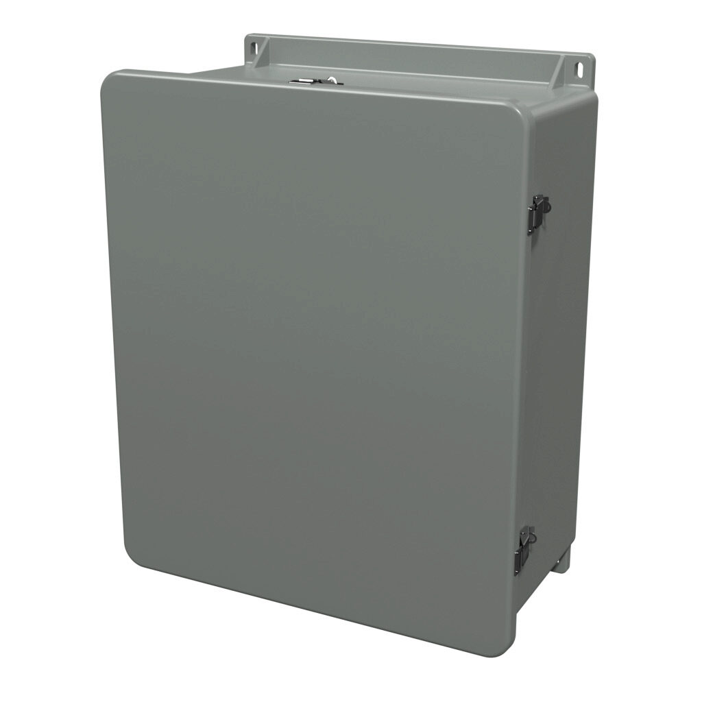 J2420HPL - Stahlin J series enclosure, NEMA 1/3/3R/4/4X/12/13, 24 x 20 x 10in (HxWxD), wall mount, fiberglass reinforced polyester, gray, single-door, quick-release latch, padlock hasp and staple, integral mounting flange.