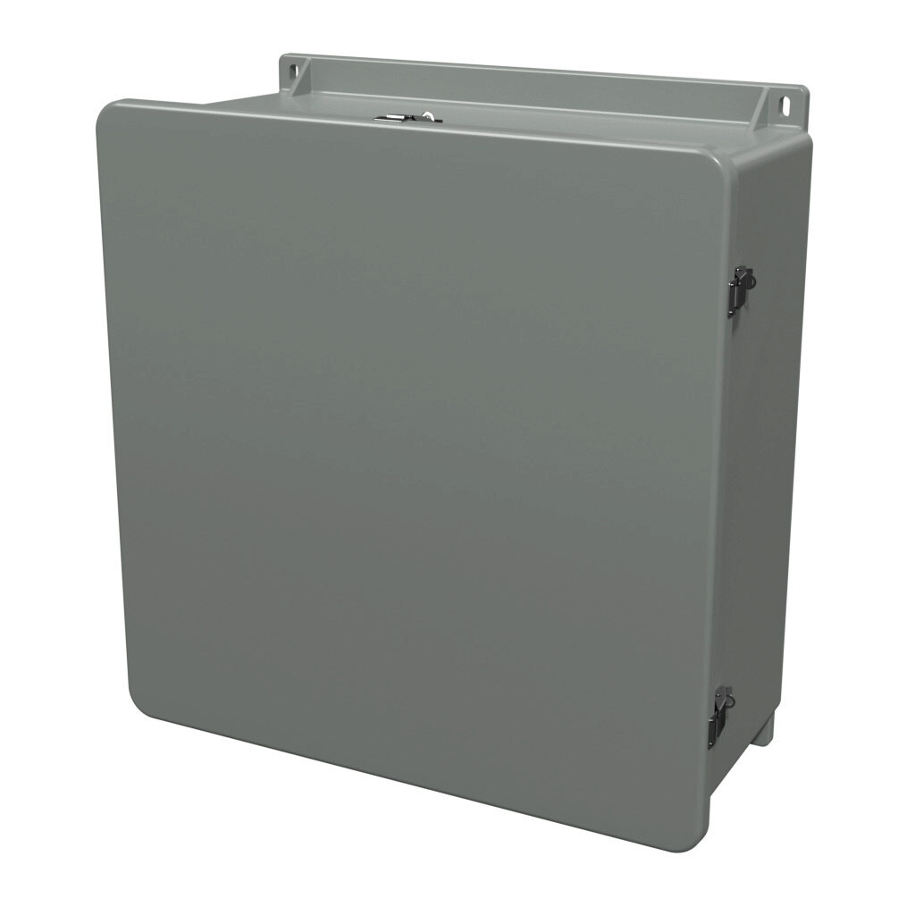 J2424HPL - Stahlin J series enclosure, NEMA 1/3/3R/4/4X/12/13, 24 x 24 x 10in (HxWxD), wall mount, fiberglass reinforced polyester, gray, single-door, quick-release latch, padlock hasp and staple, integral mounting flange.