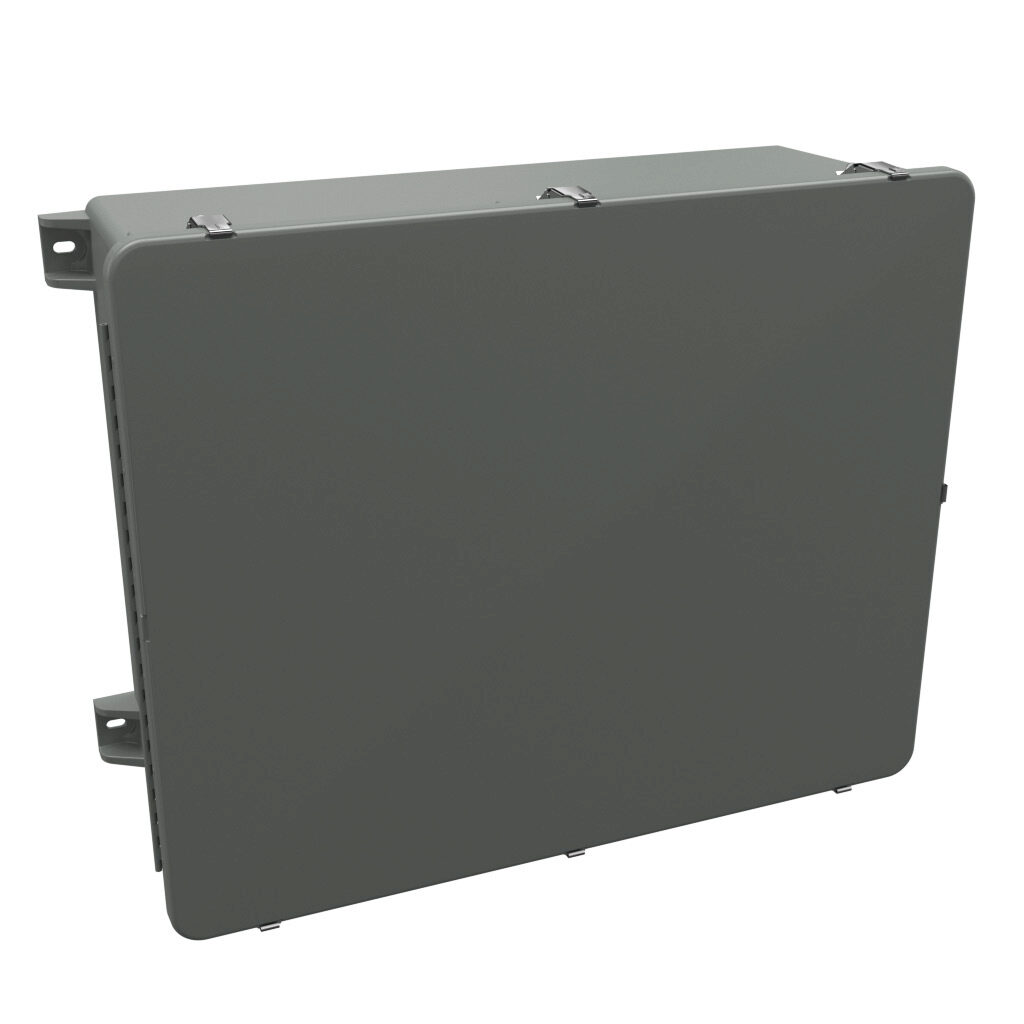 J2430HPL - Stahlin J series enclosure, NEMA 1/3/3R/4/4X/12/13, 24 x 30 x 10in (HxWxD), wall mount, fiberglass reinforced polyester, gray, single-door, quick-release latch, padlock hasp and staple.