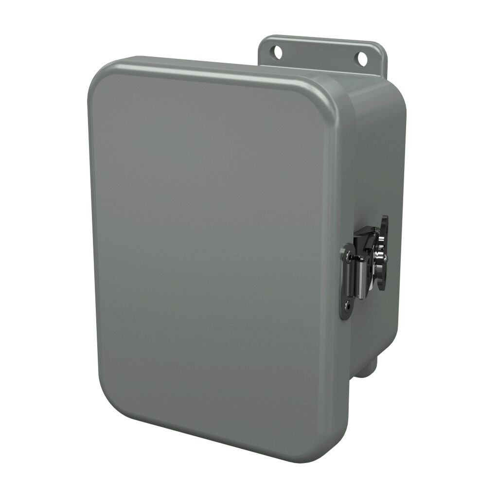 J604HLL - Stahlin J series enclosure, NEMA 1/3R/4X/6P/12, 6 x 4 x 4in (HxWxD), wall mount, fiberglass reinforced polyester, gray, single-door, twist-lock latch, integral mounting flange.