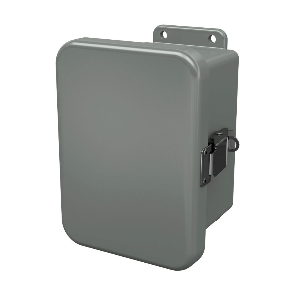 J604HPL - Stahlin J series enclosure, NEMA 1/3R/4X/6P/12, 6 x 4 x 4in (HxWxD), wall mount, fiberglass reinforced polyester, gray, single-door, quick-release latch, padlock hasp and staple, integral mounting flange.