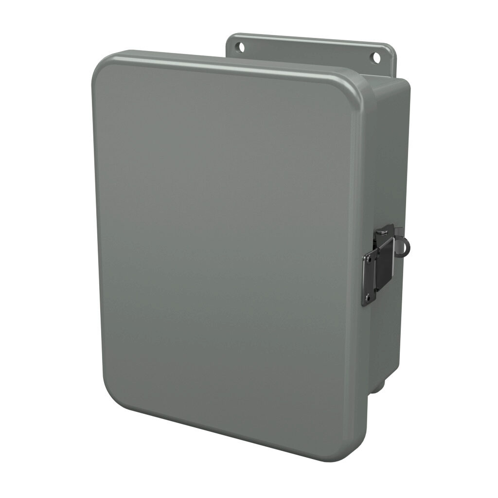 J806HPL - Stahlin J series enclosure, NEMA 1/3R/4X/6P/12, 8 x 6 x 4in (HxWxD), wall mount, fiberglass reinforced polyester, gray, single-door, quick-release latch, padlock hasp and staple, integral mounting flange.
