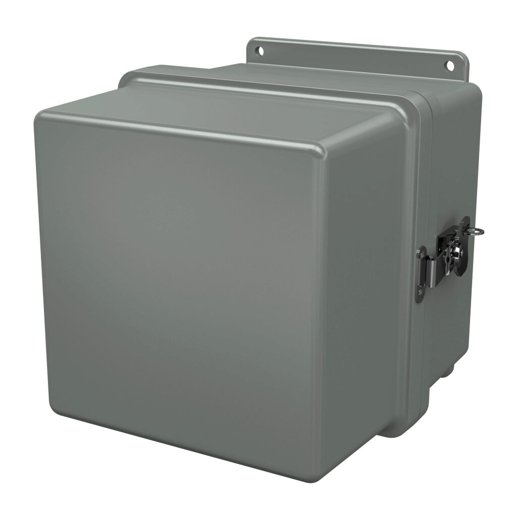 J8088SSH - Stahlin FatBoy series enclosure, NEMA 1/3/4X/12, 8 x 8 x 8in (HxWxD), wall mount, fiberglass reinforced polyester, gray, clamshell single-door, twist-lock latch, padlock hasp and staple, integral mounting flange.