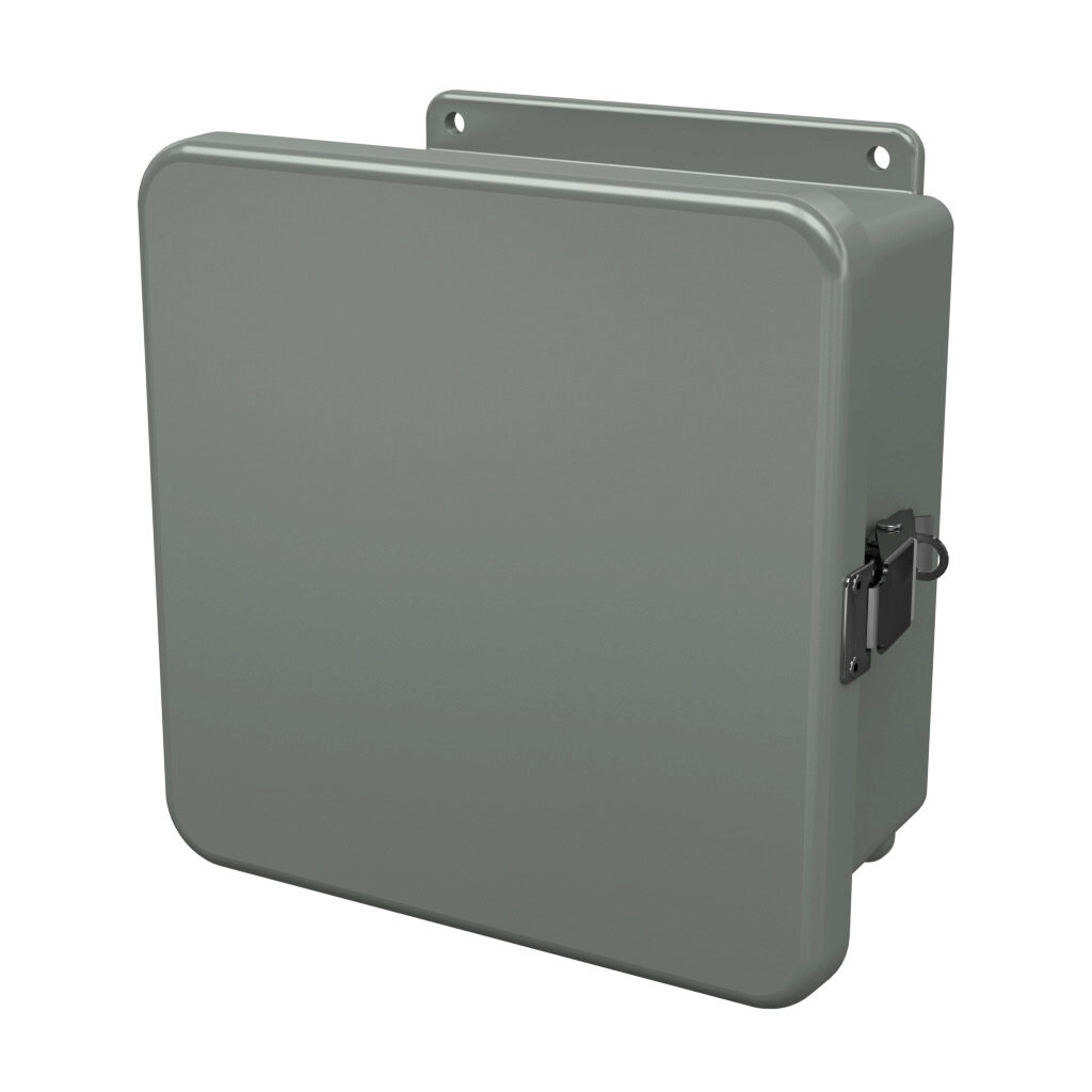 J808HPL - Stahlin J series enclosure, NEMA 1/3R/4X/6P/12, 8 x 8 x 4in (HxWxD), wall mount, fiberglass reinforced polyester, gray, single-door, quick-release latch, padlock hasp and staple, integral mounting flange.