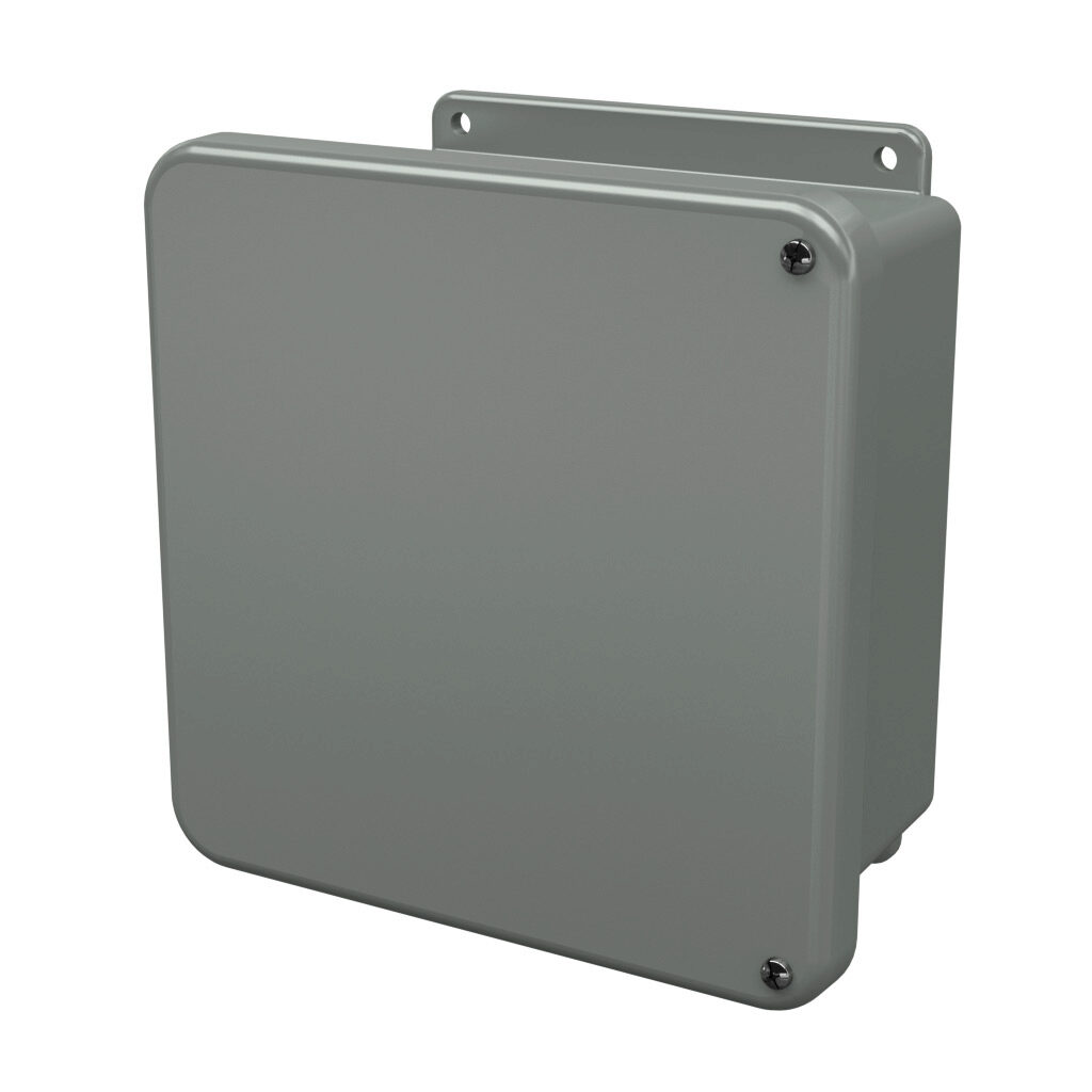 J808HW - Stahlin J series enclosure, NEMA 1/3R/4X/6P/12, 8 x 8 x 4in (HxWxD), wall mount, fiberglass reinforced polyester, gray, hinged screw cover, integral mounting flange.