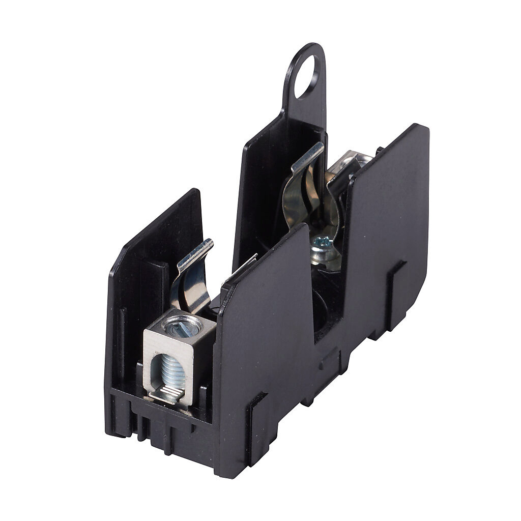 JM60030-1CR - Bussmann modular fuse block, accepts J fuses, 30A, 600V, 1-pole, 14-2 AWG copper or 8-2 AWG aluminum, box lug, 35mm DIN rail or panel mount.